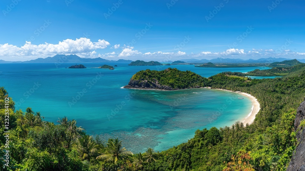 Naklejka premium A panoramic view of a tropical island paradise with turquoise waves, white sand, and swaying palms under a vivid, sunny sky
