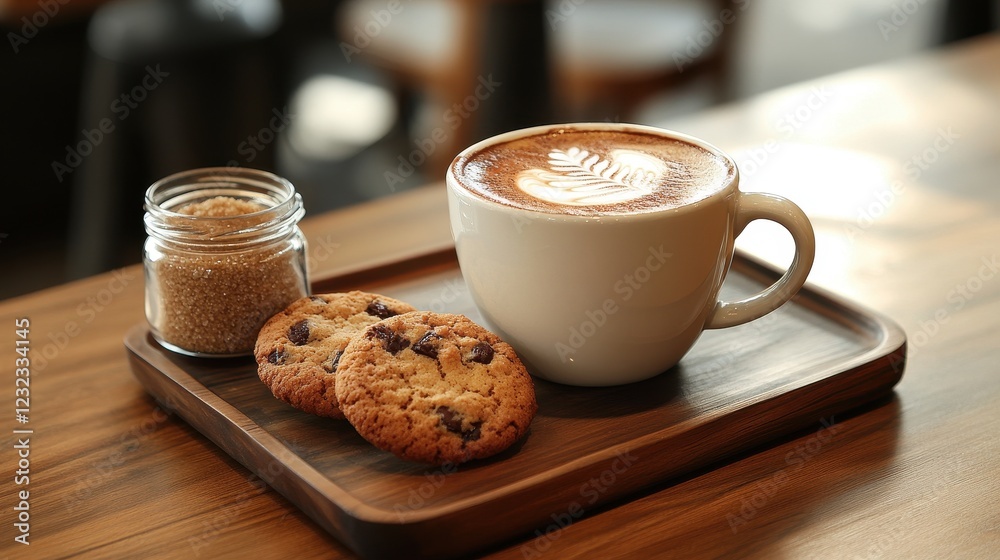 Artisanal Coffee with Latte Art and Cookies on Wooden Table Artisanal Coffee with Latte Art and Cookies on Wooden Table