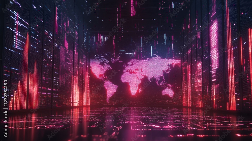 Global Network Futuristic Data Center with World Map Global Network Futuristic Data Center with World Map