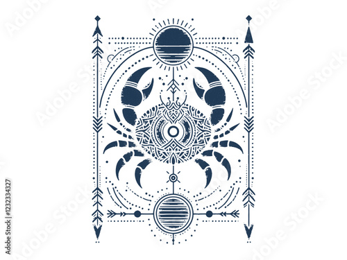 vertical alignment of Line art Cancer Zodiac Sign With celestial cosmic elements. Silhouette Sketch.