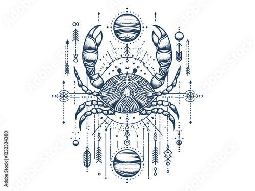 vertical alignment of Line art Cancer Zodiac Sign With celestial cosmic elements. Silhouette Sketch.