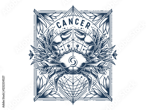 vertical alignment of Line art Cancer Zodiac Sign With celestial cosmic elements. Silhouette Sketch.