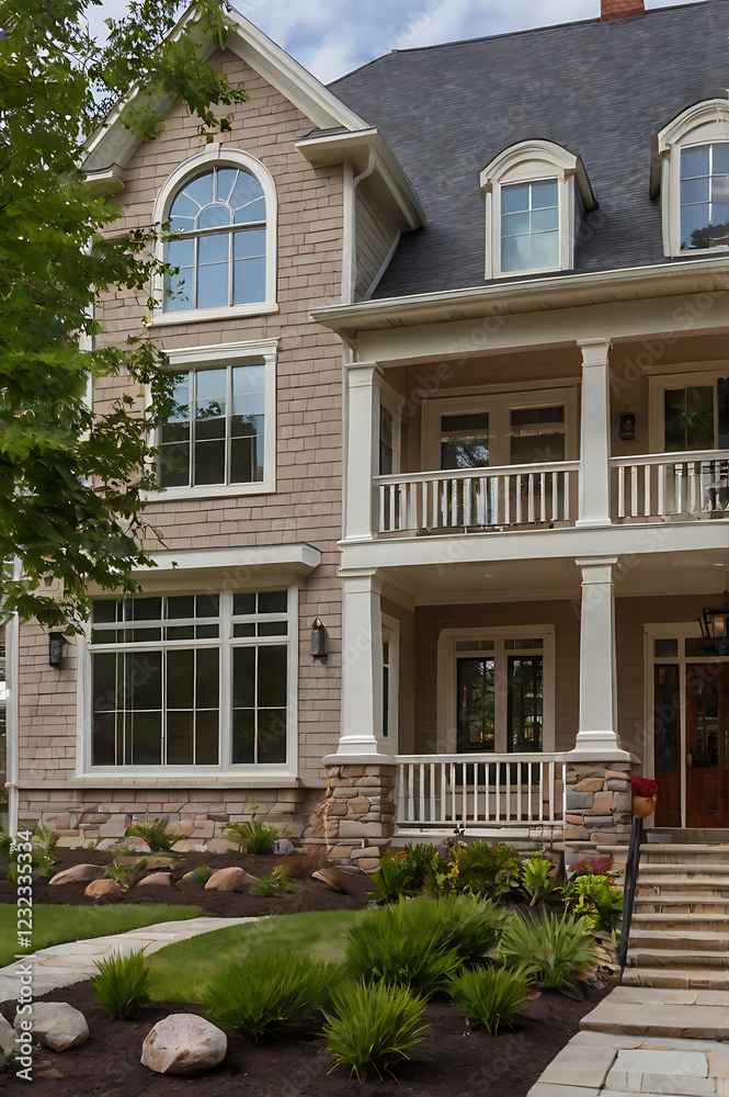 Fototapeta premium Elegant Home Exterior: Classic Architecture and Landscaping Design. A luxury house with a beautiful porch, stone accents, and well-maintained landscaping.