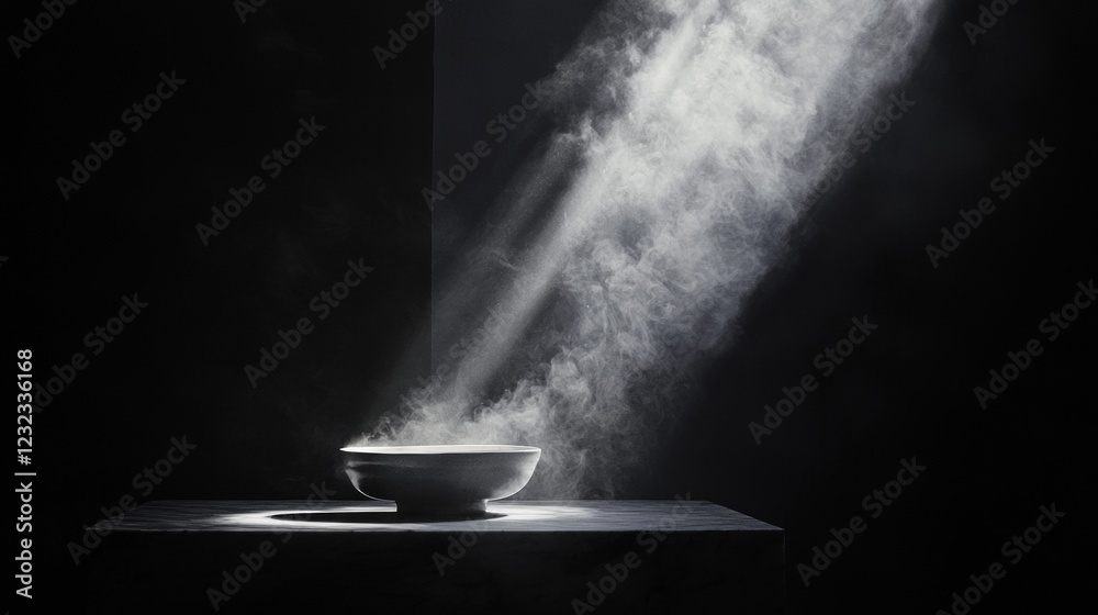 Dramatic light beam on a bowl in a dark setting Dramatic light beam on a bowl in a dark setting