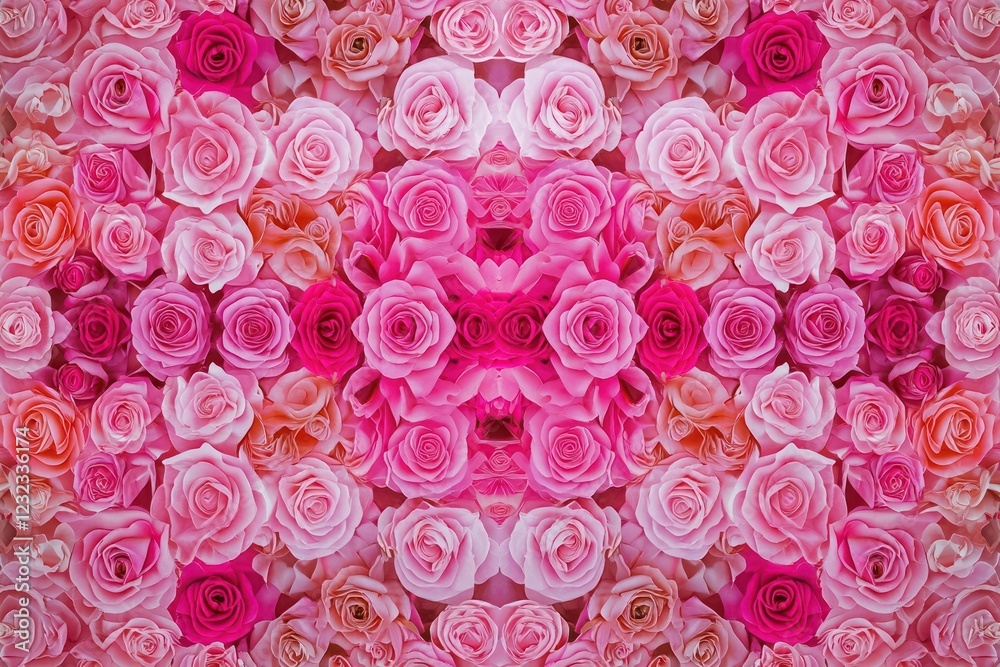 A modern pink roses flower wall background with a harmonious blend of bright and pastel pink roses, arranged in a symmetrical pattern for a visually appealing and high-resolution image. A modern pink roses flower wall background with a harmonious blend of bright and pastel pink roses, arranged in a symmetrical pattern for a visually appealing and high-resolution image.
