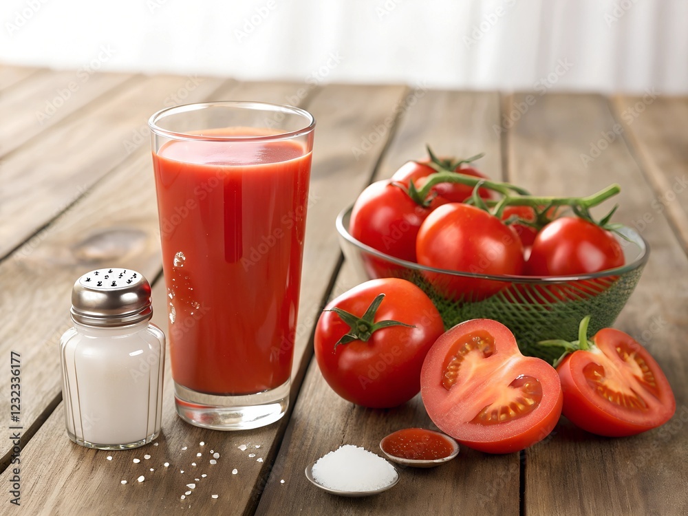 A refreshing glass of tomato juice is surrounded by whole and sliced tomatoes, salt, and pepper on a rustic wooden table, highlighting a healthy and vibrant snack.