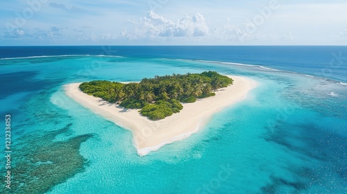 A stunning tropical island with sparkling turquoise waters, pristine white sands, and lush palm trees under the sun
