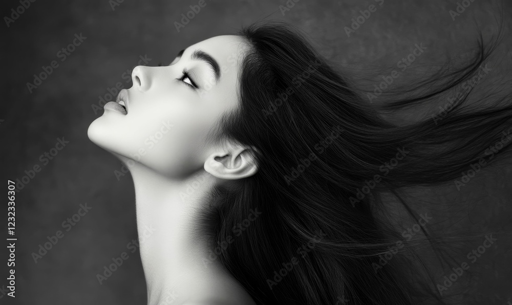 Fototapeta premium Monochrome portrait woman looking up with flowing hair.