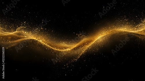 shimmering wave of gold dust and glitter particles floating in the dark with a glowing, sparkling effect creating a luxurious and elegant atmosphere