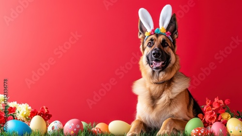 A German Shepherd wearing a headband with bunny ears against a red background, creating an Easter atmosphere. Bright and cheerful elements combined with the festive theme of Easter.