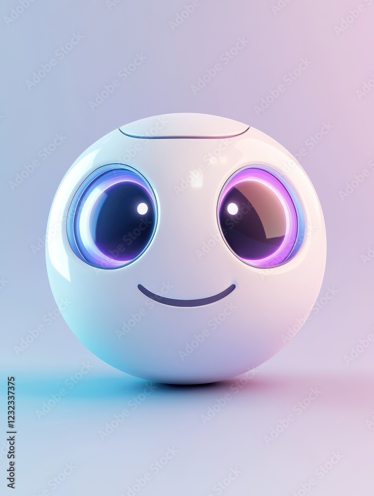 vibrant AI chatbot icon with big eyes and a smiling mouth, floating on a light blue field, gradient blending white to purple, enhanced by a faint halo, sleek and simple. vibrant AI chatbot icon with big eyes and a smiling mouth, floating on a light blue field, gradient blending white to purple, enhanced by a faint halo, sleek and simple.