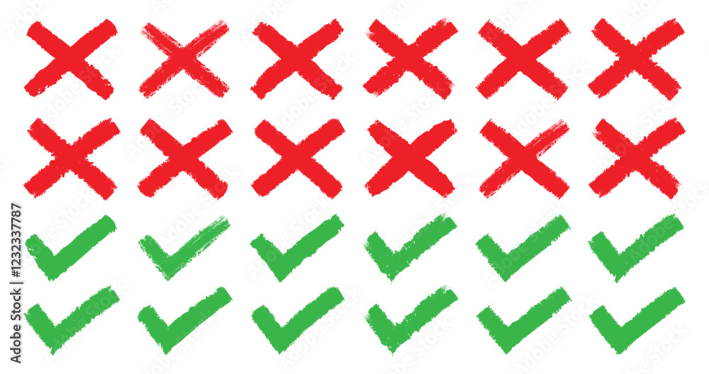 Dirty grunge hand drawn check mark and cross. Brush strokes cross X and tick OK check marks _ stock vector. Dirty grunge hand drawn check mark and cross. Brush strokes cross X and tick OK check marks _ stock vector.