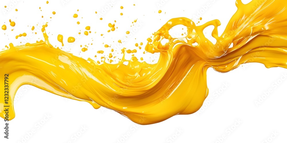 Fototapeta premium Vibrant yellow paint fluid flowing on a white background, creates a visual effect, generative AI
