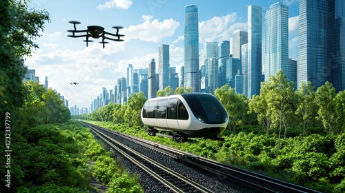 Futuristic Train on Railway Surrounded by Lush Greenery and Skyscrapers with Drone Above photo