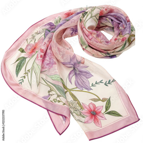 Silk scarf with floral print, isolated on transparent background, vector-style image for fashion and accessories photo