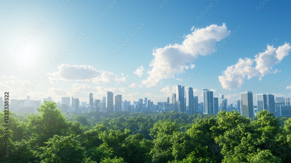 Fototapeta premium Futuristic Cityscape Highlighting Sustainable Architecture Amidst Lush Greenery and Blue Sky