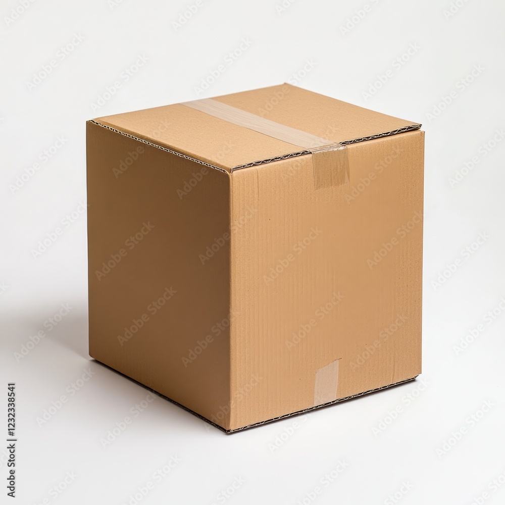Closed square cardboard box with tape, isolated on white background. Closed square cardboard box with tape, isolated on white background.