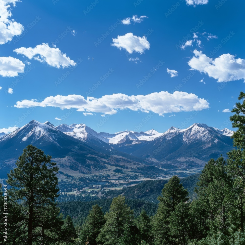 Obraz premium Majestic Mountain Range with Snow-Capped Peaks and Lush Green Valley under a Blue Sky