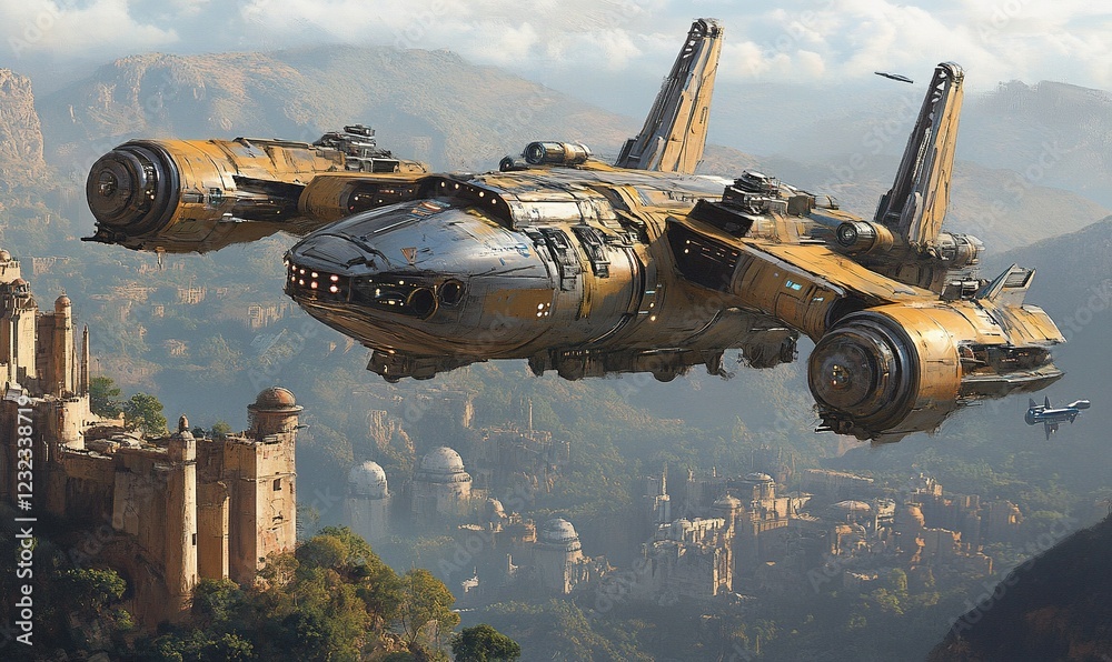 Spaceship flying over ancient city ruins in a mountainous landscape, concept art for sci-fi adventure Spaceship flying over ancient city ruins in a mountainous landscape, concept art for sci-fi adventure