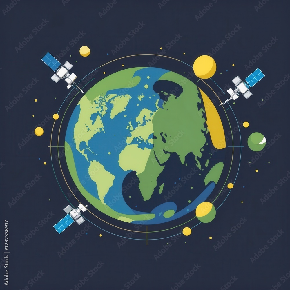Fototapeta premium Earth Surrounded by Satellites and Planets in Space Illustration