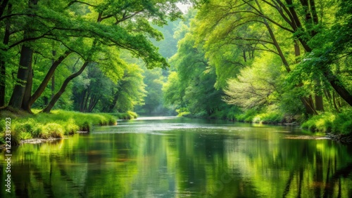 Water serene river flowing through dense lush green woods forest, flow, calmness,  flow, calmness, woods, scenery