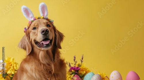 A Golden Retriever wearing a headband with bunny ears against a yellow background, creating an Easter atmosphere. Bright and cheerful elements combined with the festive theme of Easter
