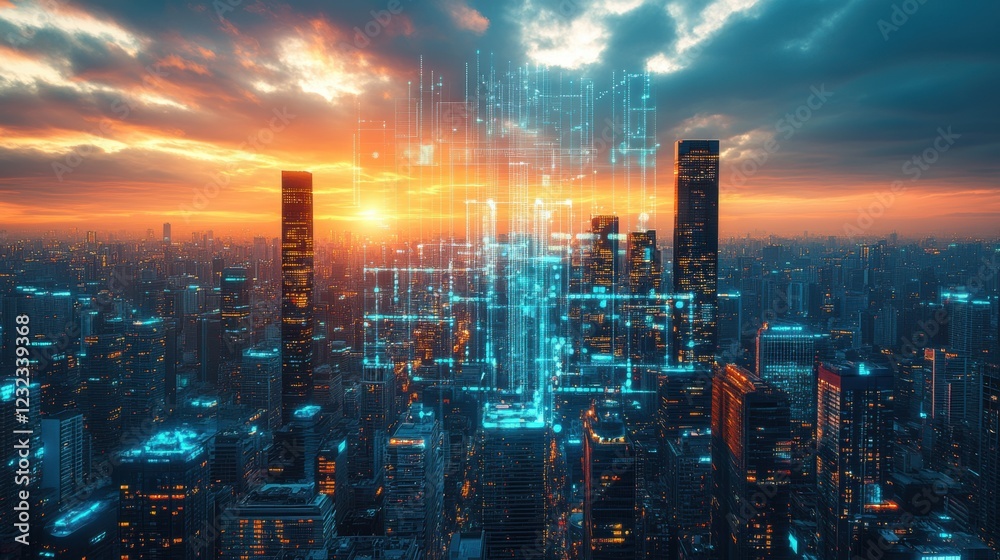 Futuristic Cityscape Smart City Technology at Sunset Futuristic Cityscape Smart City Technology at Sunset
