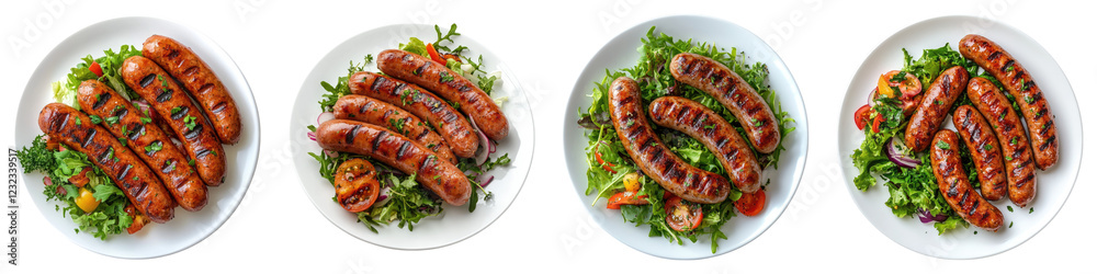 Grilled pork sausage with salad on white plate isolated on transparent background, PNG, Set of Grilled pork sausage with salad on white plate isolated on transparent background, PNG, Set of