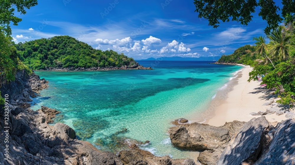 Fototapeta premium Panoramic tropical beach with turquoise sea, bright white sand, and swaying palm trees under a sunny blue sky