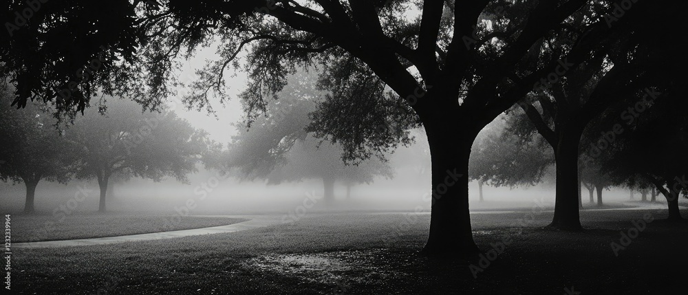 Obraz premium A misty morning with tall trees and a winding path in a black and white landscape.