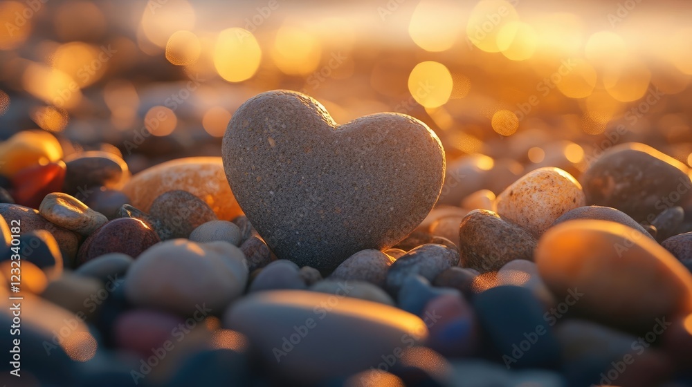 Fototapeta premium Close-up of a heart-shaped pebble balanced on other stones on a beach.