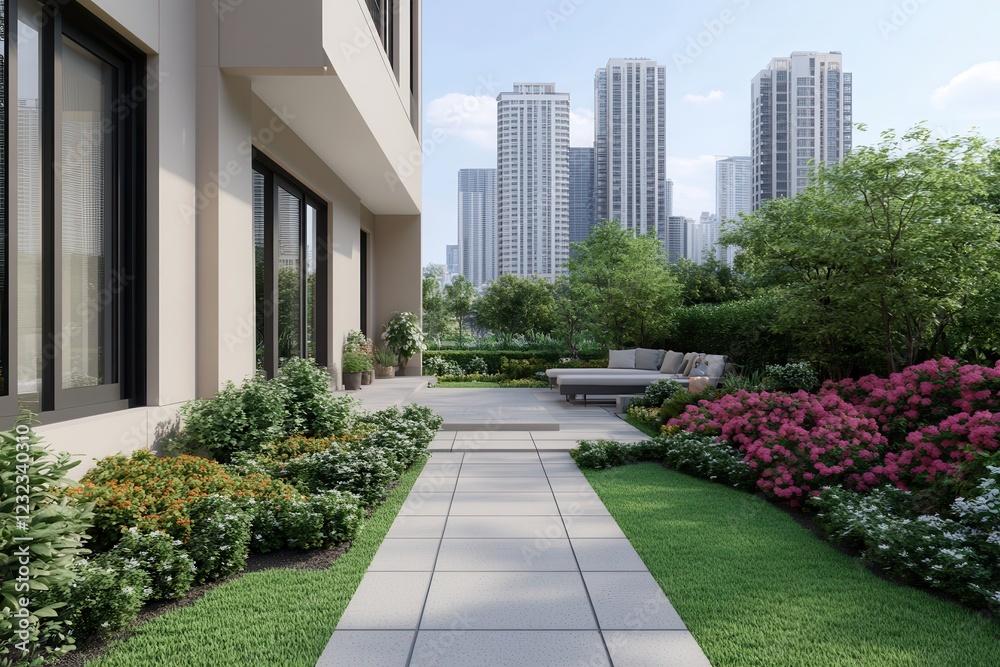 Obraz premium Virtual tours are transforming real estate experiences. Modern garden pathway with buildings in the background.