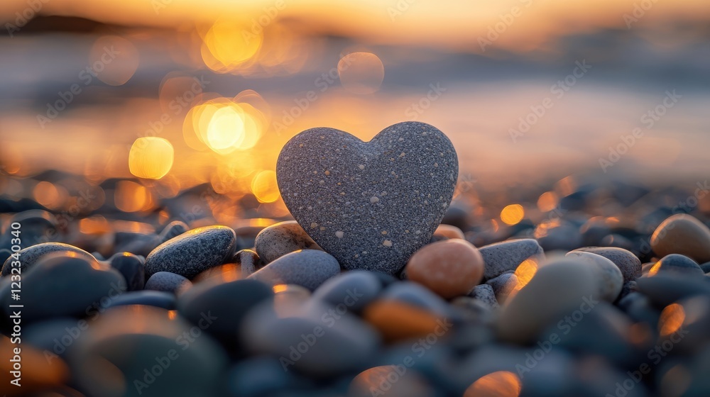 Fototapeta premium Close-up of a heart-shaped pebble balanced on other stones on a beach.