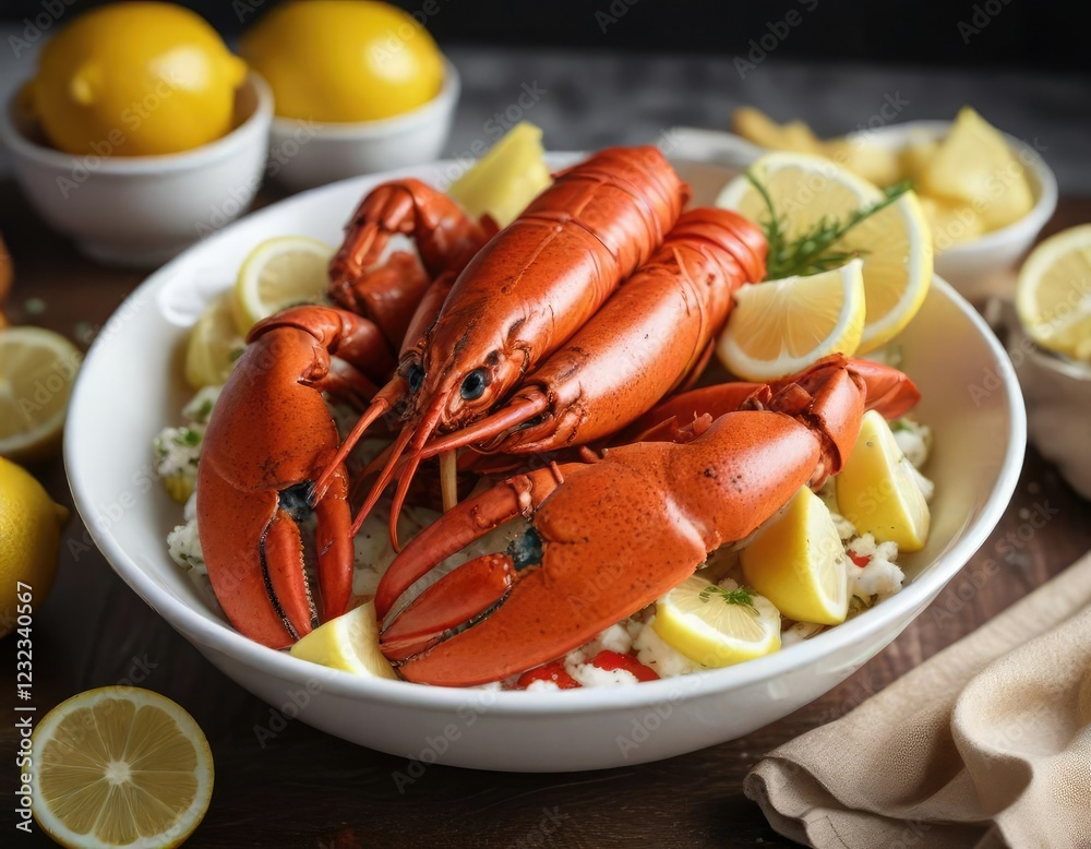 Freshly steamed lobster in a white bowl with lemon wedges, seafood presentation, ocean freshness