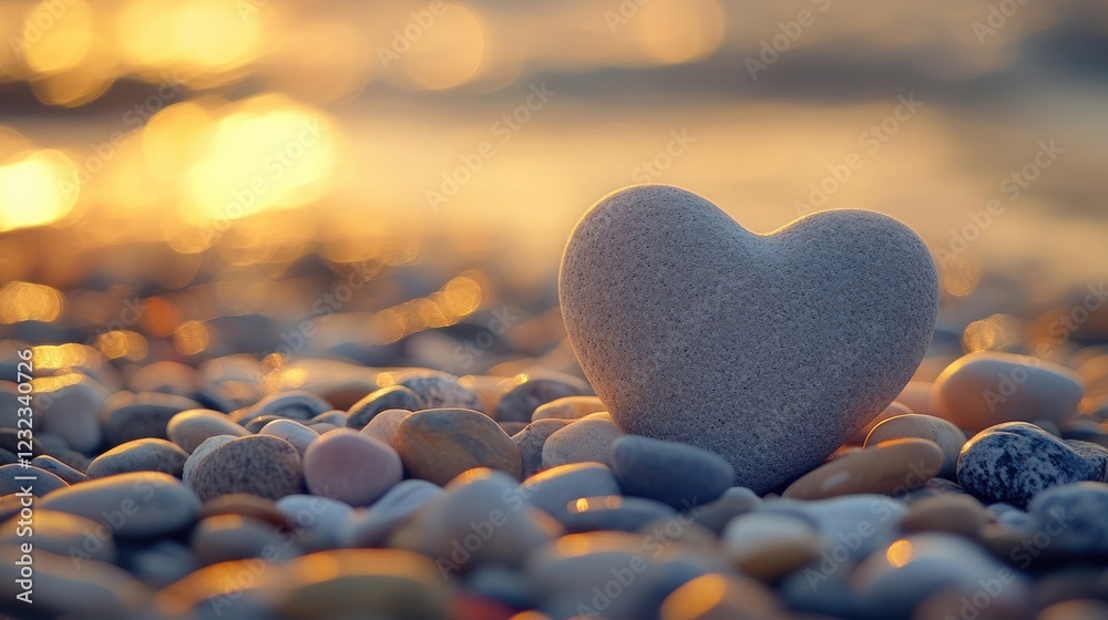 Fototapeta premium Close-up of a heart-shaped pebble balanced on other stones on a beach.