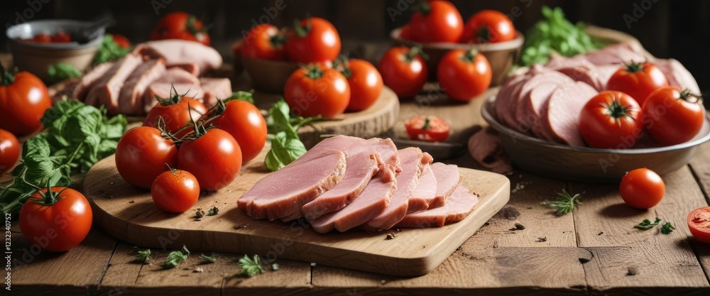 Fresh tomatoes and cold boiled pork on a rustic wooden table, fresh tomatoes, cold boiled pork, organic Fresh tomatoes and cold boiled pork on a rustic wooden table, fresh tomatoes, cold boiled pork, organic