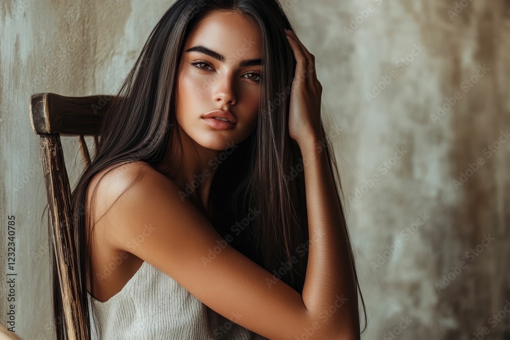 Fototapeta premium Woman seated, hand in hair, brown neutral backdrop.