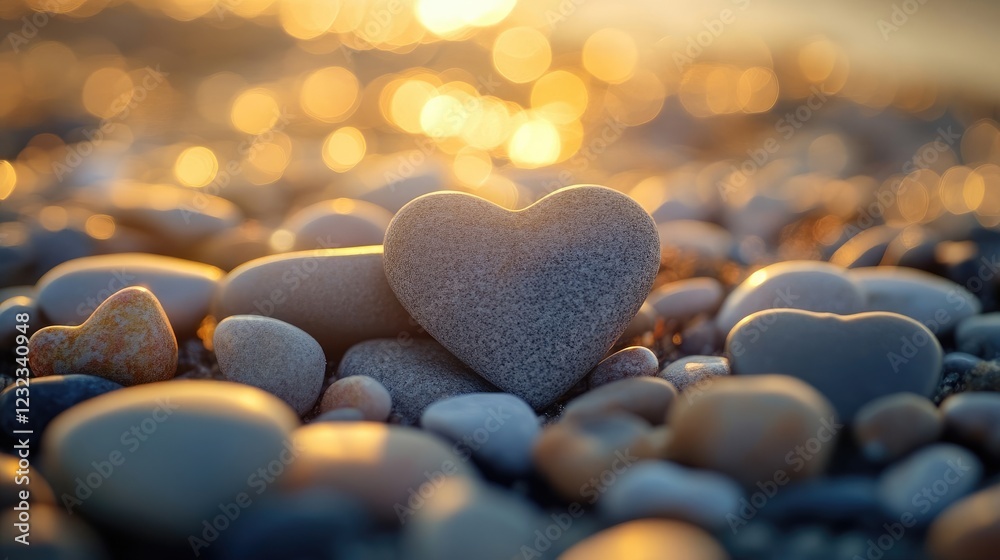Fototapeta premium Close-up of a heart-shaped pebble balanced on other stones on a beach.