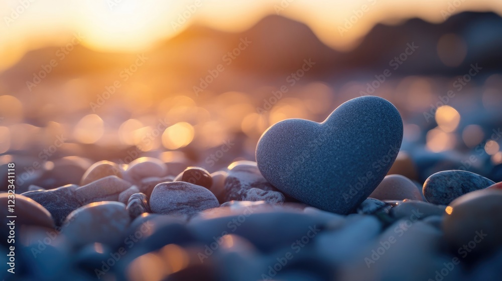 Fototapeta premium Close-up of a heart-shaped pebble balanced on other stones on a beach.