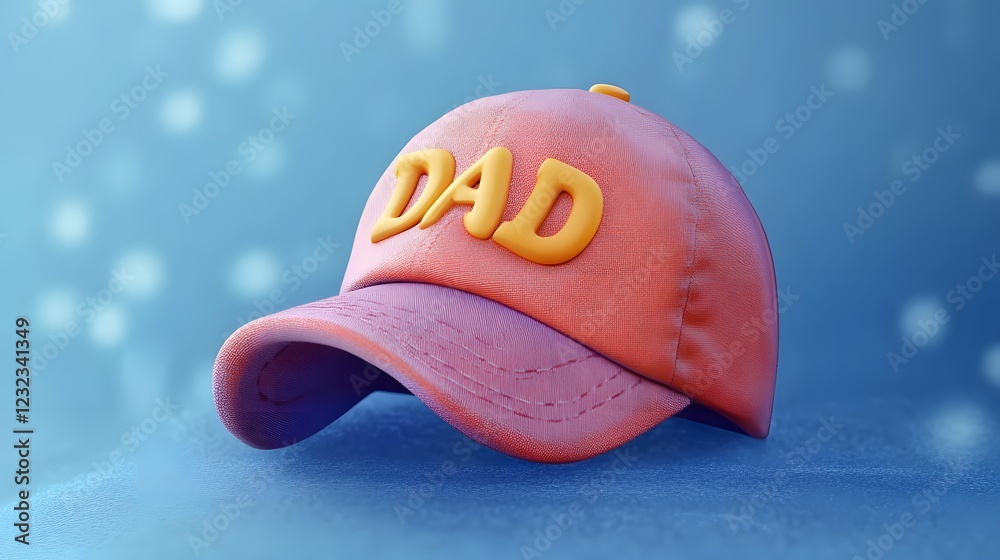 Fototapeta premium Colorful dad cap on blue background with playful design and bold text for a casual lifestyle look