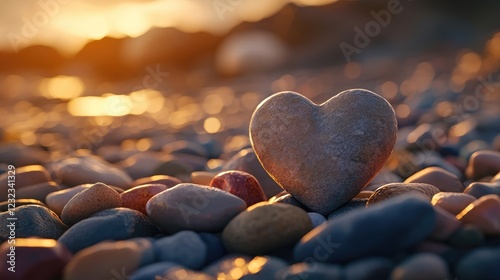 Close-up of a heart-shaped pebble balanced on other stones on a beach.