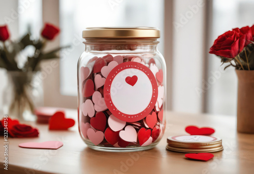Heart-filled jar on a wooden table with red roses in a blurred background.