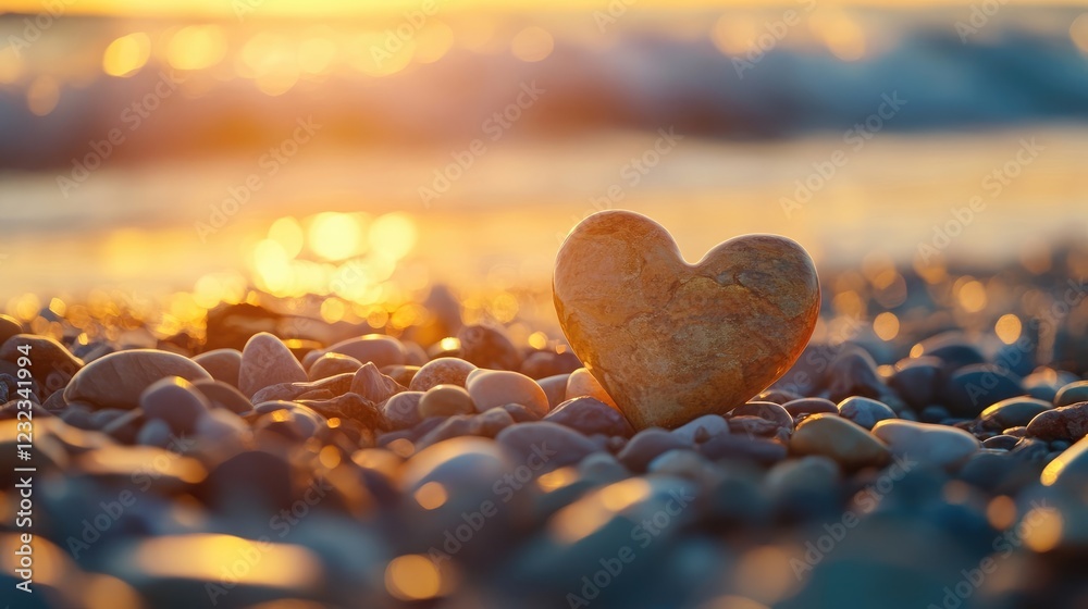 Fototapeta premium Close-up of a heart-shaped pebble balanced on other stones on a beach.