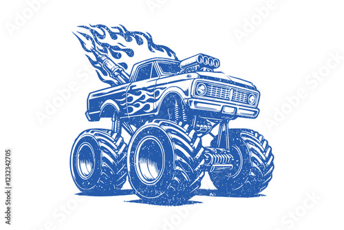 Flaming Monster Truck Illustration with Oversized Tires and Exhaust Flames