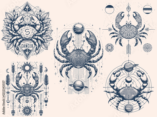 vertical alignment of Line art Cancer Zodiac Sign With celestial cosmic elements. Silhouette Sketch.