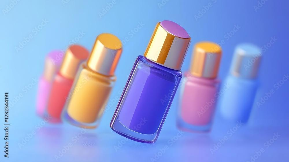 Vibrant nail polish bottles create an eye-catching display against a gradient background Vibrant nail polish bottles create an eye-catching display against a gradient background