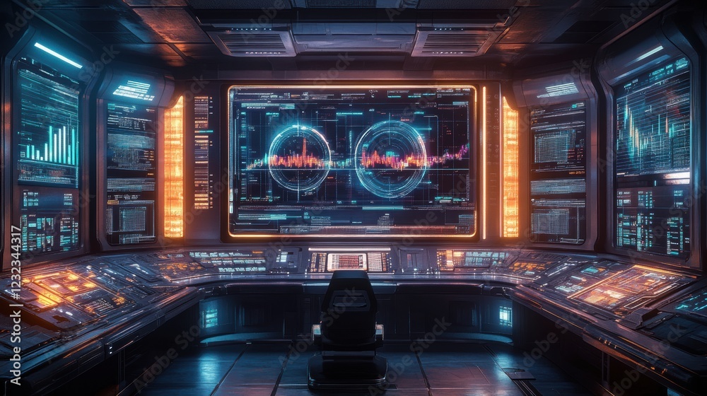 Obraz premium Futuristic Financial Control Room 2025 Holographic Stock Market Data