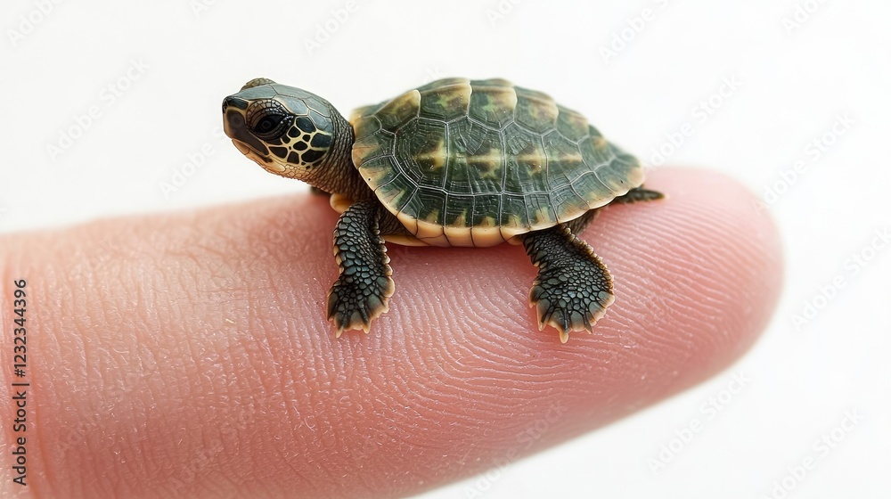 Naklejka premium A tiny turtle perched on a human finger, showcasing its delicate features and surroundings