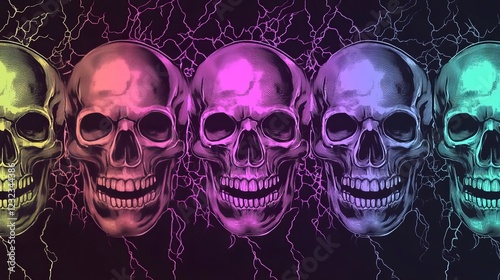 Colorful skulls aligned against a dark background with electric patterns highlighting their features