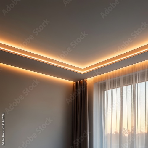 Wallpaper Mural Warm LED cove lighting installed in modern home interior corner, accentuating ceiling and wall. Torontodigital.ca